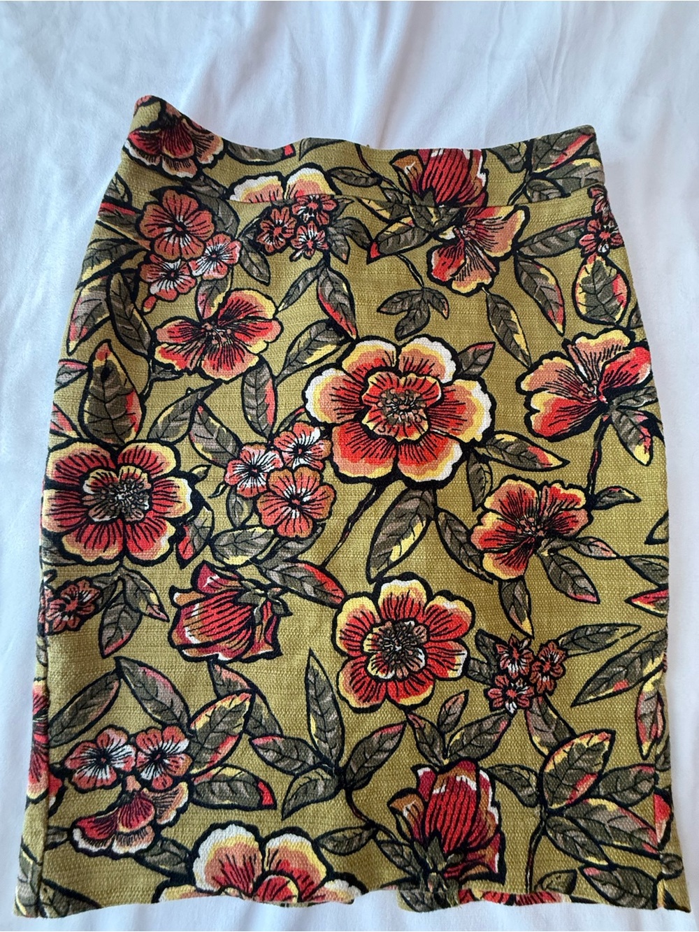 LOFT Olive Pencil Skirt with Red Floral Print